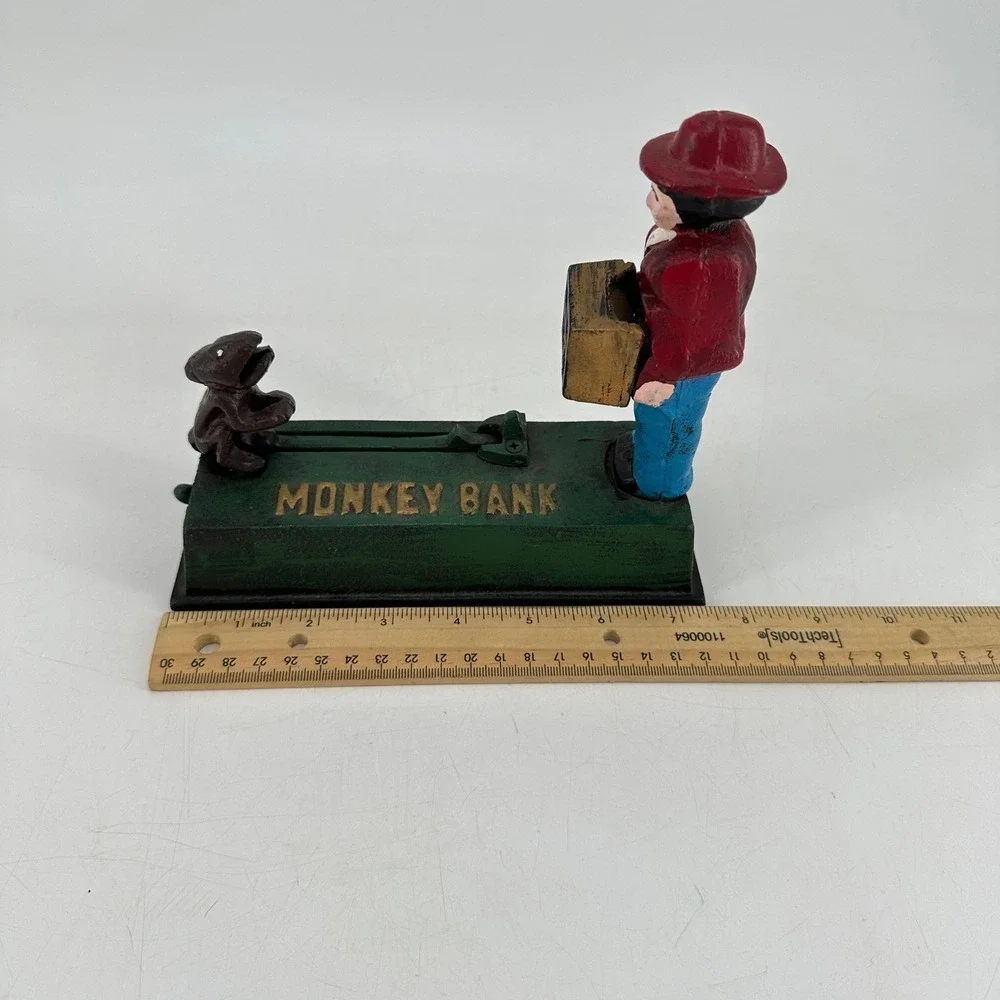 Vintage Style Cast Iron Monkey Bank Mechanical Coin Bank Red Green Hand Painted